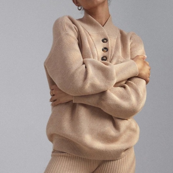 Lunya Cozy Cotton Silk Pocket Henley Pullover Sweater In Tranquil Tan L/XL NWOT
